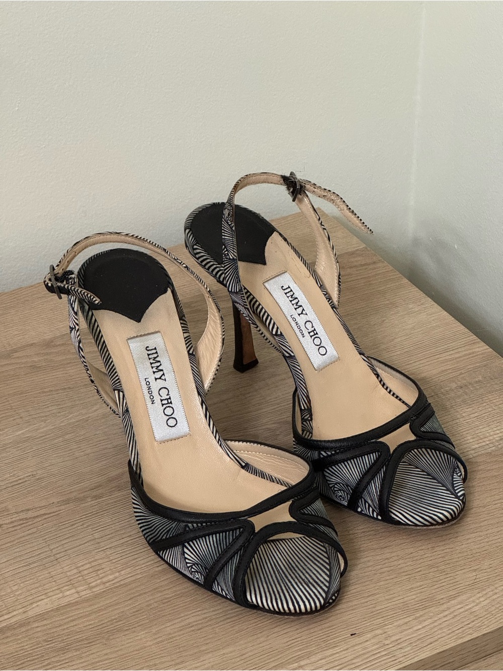 Jimmy Choo Black & White Striped Slingback Heels